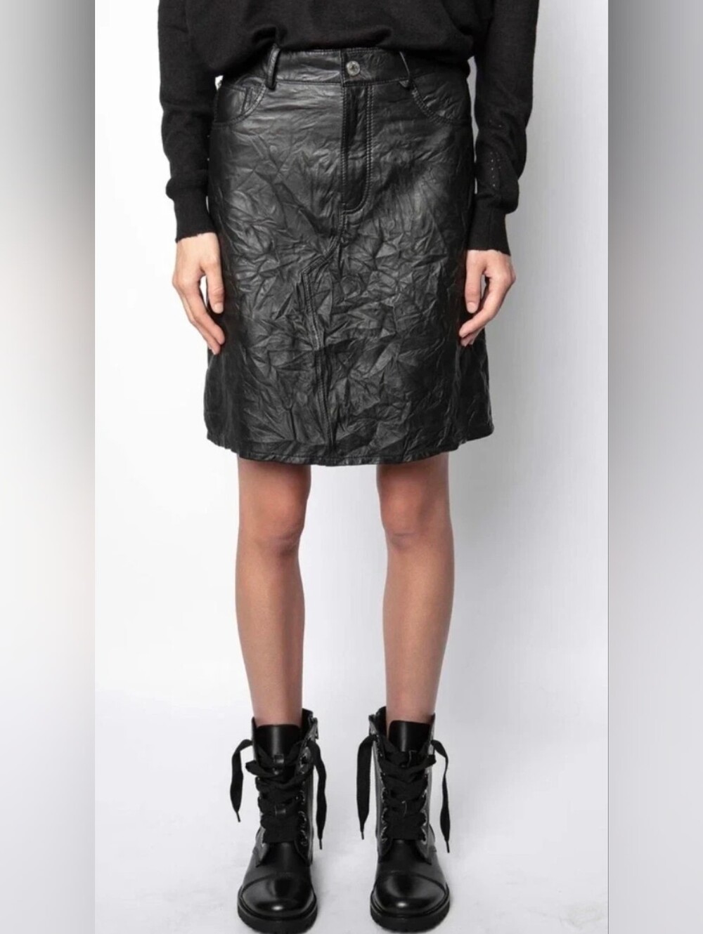 Zadig & Voltaire Juicer Cuir Crinkled Leather Black Skirt $598, Sz 34 NWT!